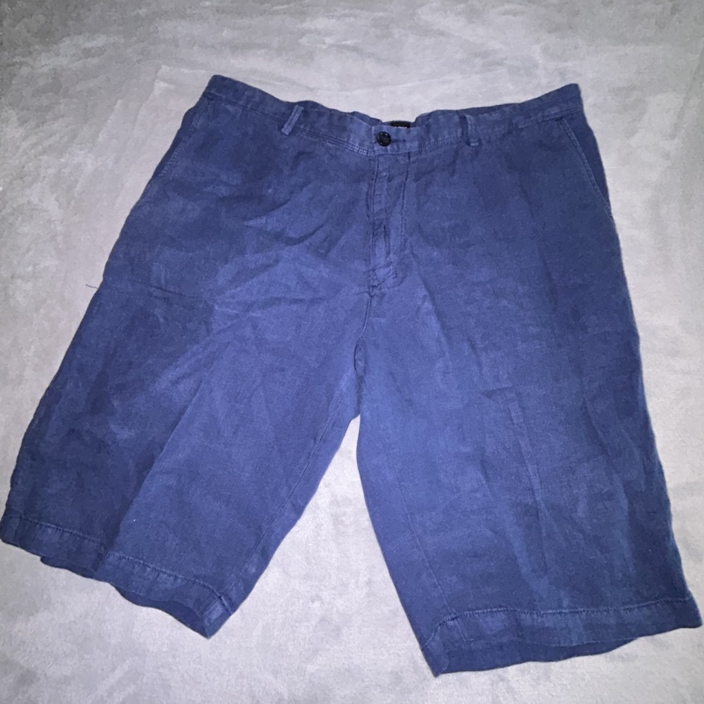 Hugo Boss Mens  Shorts Size 36r 12" Navy Blue 100% Linen vacation
